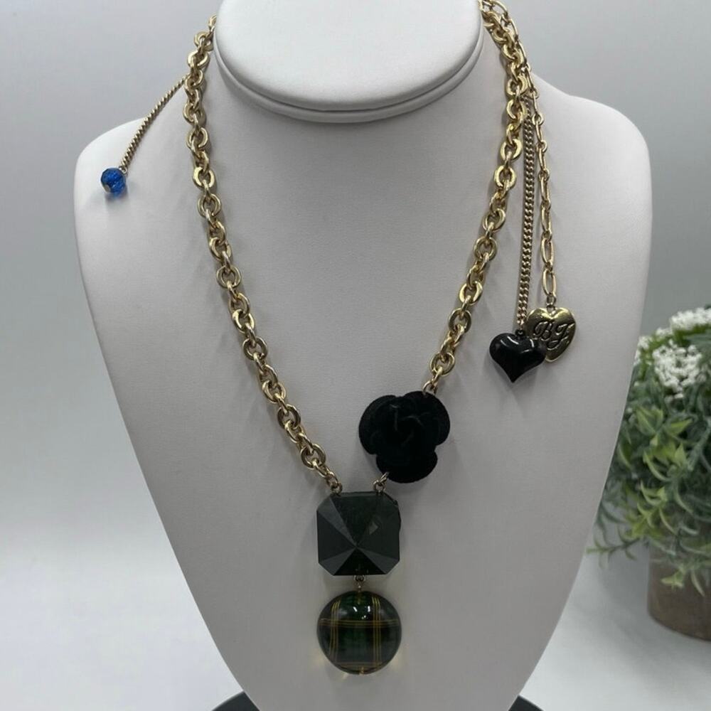 Betsey Johnson Necklace Fabric Flower adjustable longer back green plaid heart